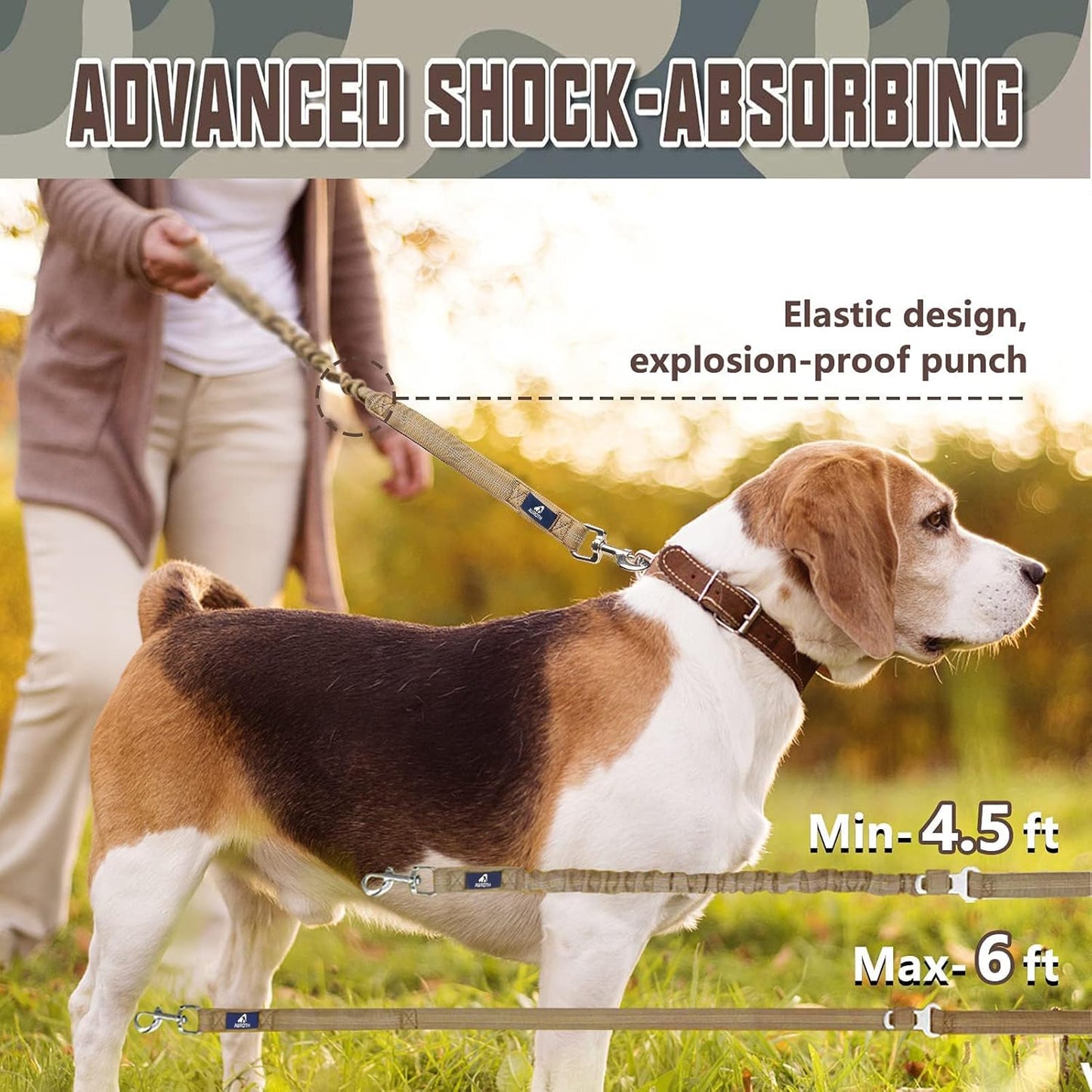 Heavy-Duty Bungee Dog Leash for Medium to Large Breeds, Shock Absorbing No-Pull Design with Car Seat Belt Attachment, Dual Padded Handles, Available in 4.5FT and 6FT Lengths for Training