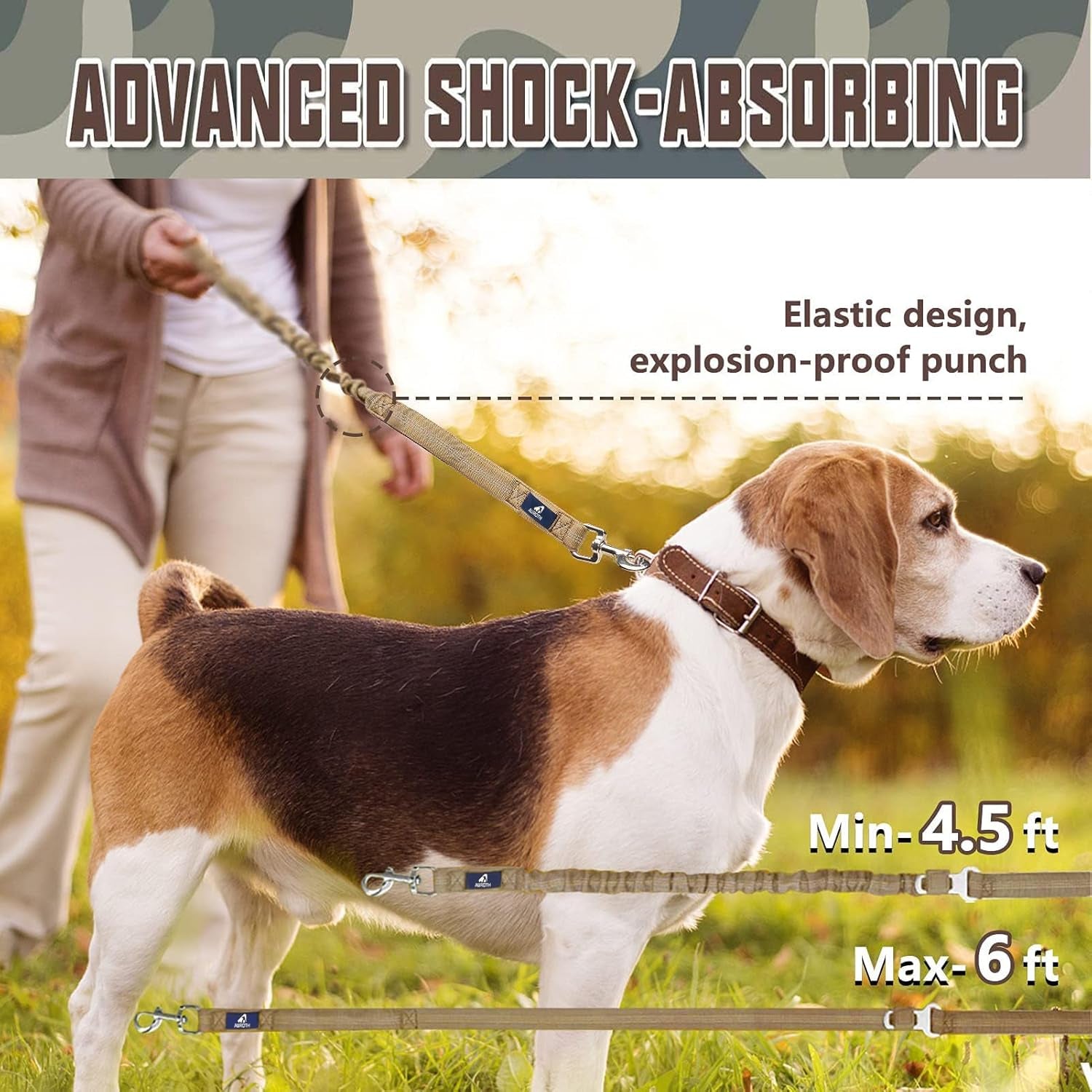 Heavy-Duty Bungee Dog Leash for Medium to Large Breeds, Shock Absorbing No-Pull Design with Car Seat Belt Attachment, Dual Padded Handles, Available in 4.5FT and 6FT Lengths for Training