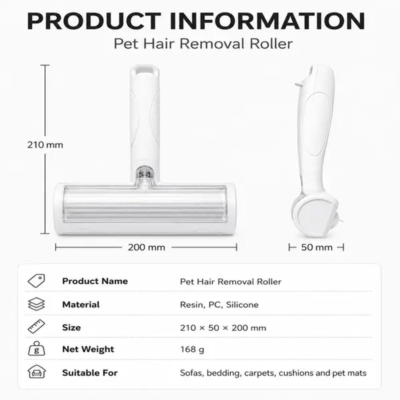 Reusable White Pet Hair Removal Roller - 20 cm Wide Lint and Fur Cleaner for Sofas, Carpets, Bedding, and Pet Mats - Effortless One-Touch Empty Grooming Tool for Cat and Dog Hair Cleanup