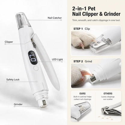 Premium Rechargeable Pet Nail Clipper and Grinder with Integrated Catcher and LED Light - Versatile Grooming Tool for Dogs and Cats of All Sizes