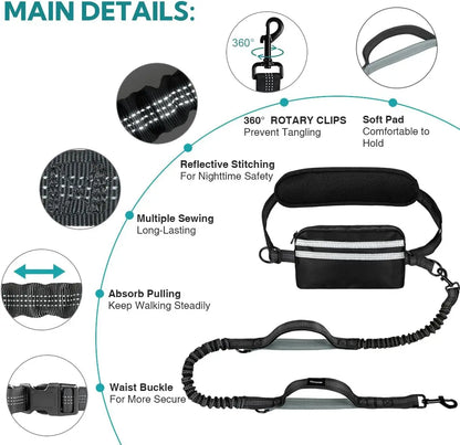 Pipidodo Hands-Free Dual Dog Leash with Waist Bag and Cushioned Pad - Effortless, Tangle-Free Walking for Two Dogs