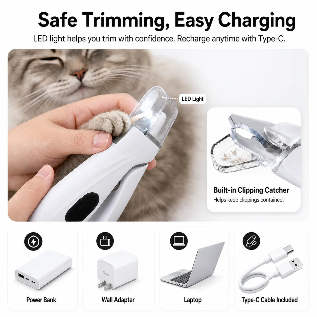 Premium Rechargeable Pet Nail Clipper and Grinder with Integrated Catcher and LED Light - Versatile Grooming Tool for Dogs and Cats of All Sizes